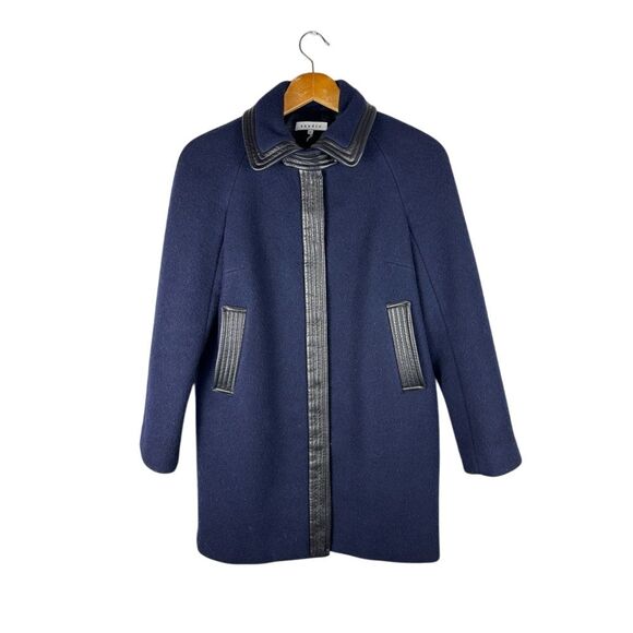 Sandro Navy Blue 100% Wool Black Leather Trim‎ Detail Women's 36 Small M8318H - Picture 1 of 12